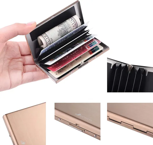 Miniatura 77 de BONSYL® Soporte para tarjetas de crédito, cartera delgada de metal con bloqueo RFID, con 6 ranuras para tarjetas, para mujeres y hombres.