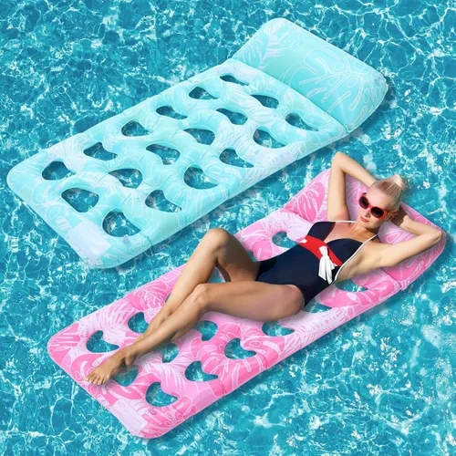 Miniatura 8 de Briwooody 2 unidades inflables para piscina, flotadores de piscina, balsas con reposacabezas, bronceado solar para adultos, hamaca de agua fría