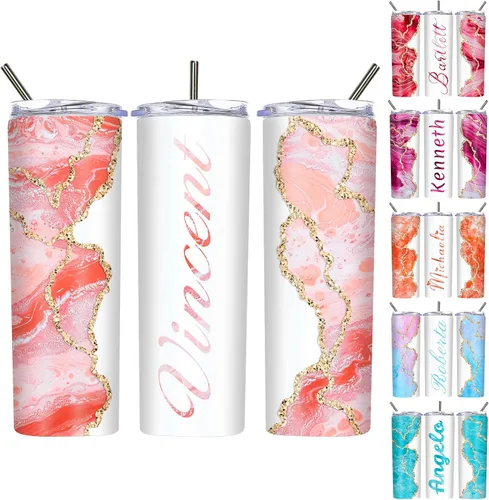 Miniatura 12 de Vasos delgados personalizados con tapas y pajitas de 20 onzas, diseño de mármol personalizado, vasos de acero inoxidable delgados con nombre
