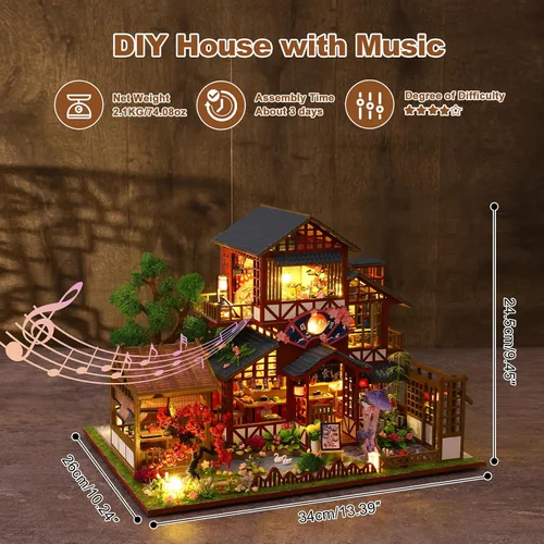 Miniatura 2 de Kit de casa en miniatura, pequeño restaurante japonés Sakura de madera 3D, kit de construcción de mini casa de muñecas con cubierta a prueba