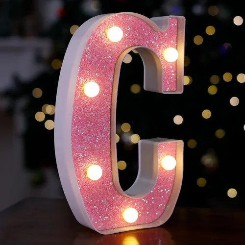 Miniatura 10 de Letras con luces LED, letras de marquesina con brillantina rosa, letras del alfabeto, letreros iluminados por pilas, para decoración de fiestas