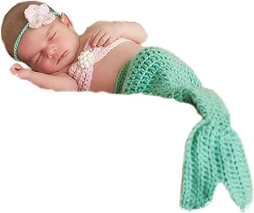 Pinbo - Accesorios para fotografías de bebé recién nacido - Vincha, cola y brasier de sirena tejidos al ganchillo