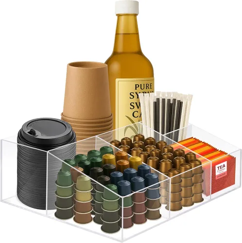 Miniatura 18 de Organizador de Barra de Café para Encimera – Caddy de Estación de Café de Madera con Compartimentos para Cápsulas, Condimentos, Té y Accesorios
