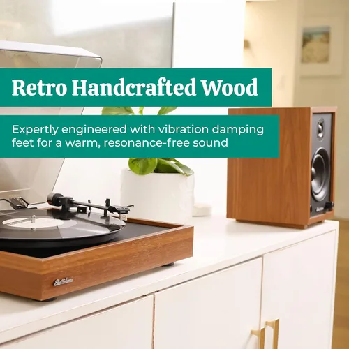 Miniatura 5 de Electrohome Montrose Record Player Stereo System, 4" Bluetooth Powered Bookshelf Speakers, Belt-Drive Bluetooth Turntable with Audio-Technica Teak