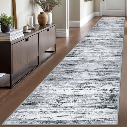 Miniatura 23 de Lansny Alfombra moderna abstracta de 2 x 5 pies, color negro, gris, blanco, lavable, alfombra de entrada para cocina, alfombra antideslizante suave
