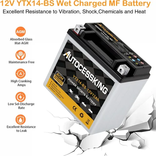 Miniatura 5 de Autocessking YTX14-BS Batería de Motocicleta 12V 12Ah, Batería AGM Sellada Recargable Libre de Mantenimiento Batería de Repuesto Powersport para ATV