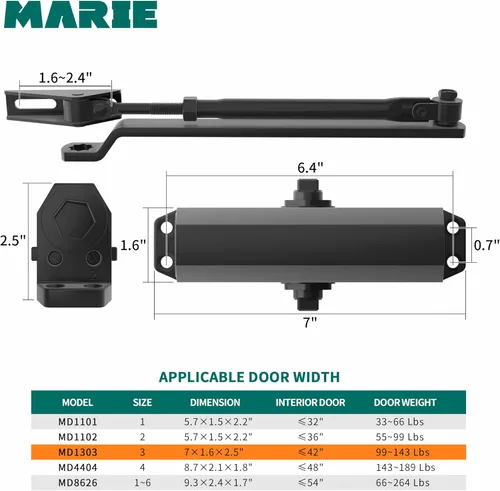 Miniatura 2 de MARIE Cierre de Puerta Hidráulico Ajustable Automático Tamaño 3 con Resorte de Servicio Pesado, Cierre Automático para Puertas Residenciales y Negro