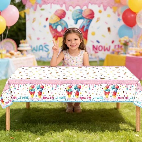 Miniatura 5 de Qpout Paquete de 3 decoraciones de fiesta de cumpleaños con diseño de helado "I was 6 Now I'm 7", mantel de plástico desechable de cumpleaños 6-7