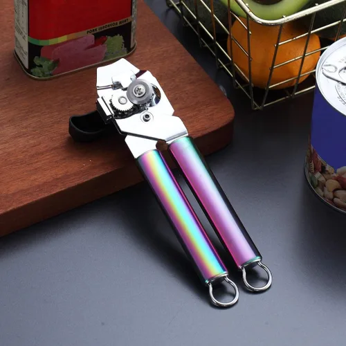 Miniatura 2 de Berglander - Abrelatas de acero inoxidable, mango de arco iris, de mano, abrelatas manual de borde liso, resistente (arcoíris)