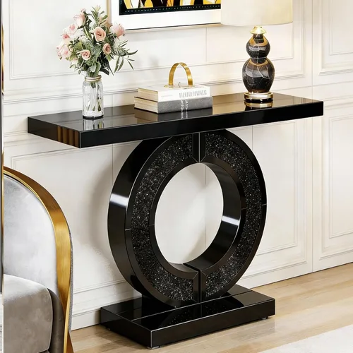 Miniatura 33 de Mesa Consola Negra con Espejo, Mesa de Sofá de Cristal Rectangular de 48 pulgadas con Elementos Tallados Vintage con Espejo, Muebles de Espejo