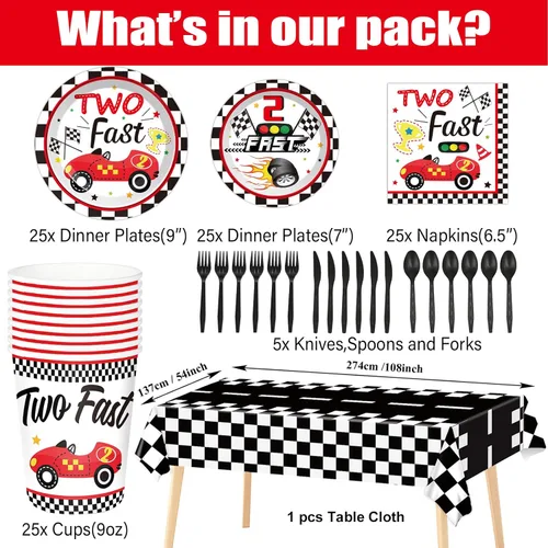 Miniatura 2 de Qyeahkj Juego de 184 piezas de suministros para fiesta de cumpleaños rápido, incluye platos de coche de carreras, servilletas, mantel, pancarta, kit