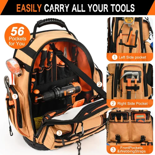 Miniatura 4 de Mochila para herramientas, mochila de herramientas resistente, bolsa de herramientas HVAC para electricista/trabajos de construcción con base Marrón