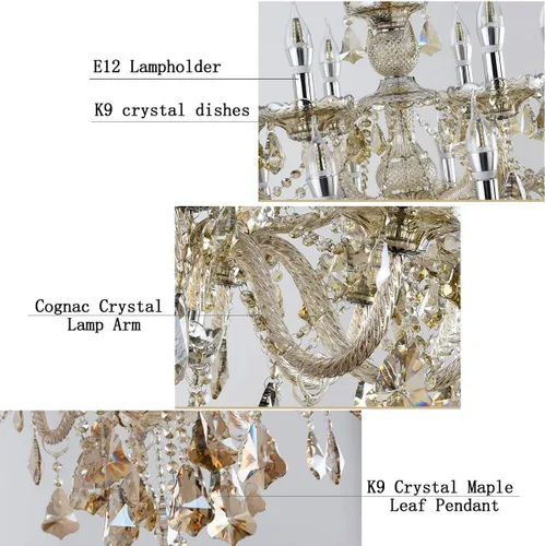 Miniatura 4 de Moderna lámpara de araña de cristal K9 Cognac de 6 luces, base de vela E12, lámpara colgante de cristal, elegante lámpara de techo de cristal