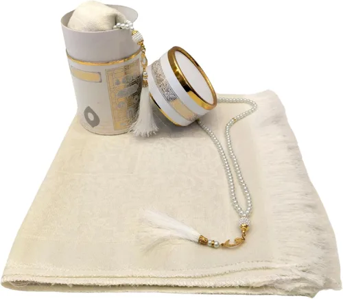 Alfombra de oración musulmana y cuentas de oración con caja de regalo cilíndrica de diseño elegante, Janamaz, Sajadah, juego de regalos islámicos