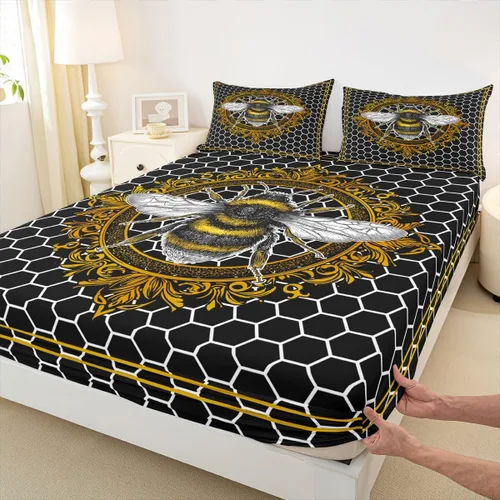 Miniatura 10 de Erosebridal Honey Bee - Juego de sábanas bajeras negras y doradas, tamaño individual, diseño geométrico de panal de abeja para niños y niñas, funda