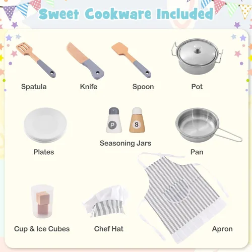 Miniatura 6 de Juego de cocina de esquina de madera para niños con luces y sonidos, juego de cocina de juguete con traje de chef, cocina para niños pequeños