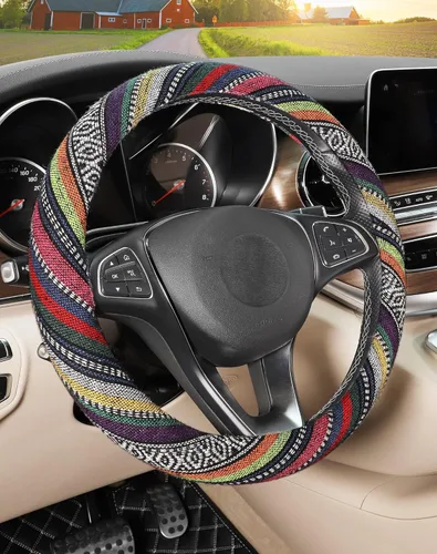 Miniatura 12 de SEG Direct Funda bohemia para volante con tela de manta Baja, cubierta para volante de estilo étnico hecha de lino grueso, se adapta a volantes