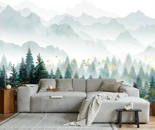 Miniatura 27 de Toolhom - Mural de pared de bosque nebuloso, papel tapiz de paisaje natural abstracto, patrones de decoración de pared de fondo (no autoadhesivo)