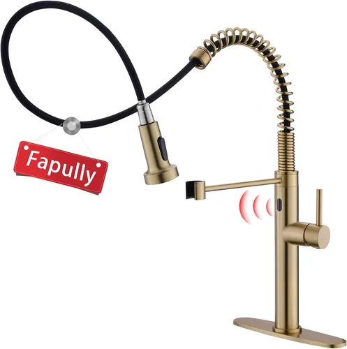 Fapully Grifo de cocina sin contacto con rociador extraíble, sensor de movimiento dorado cepillado, inteligente comercial de una sola manija, grifo