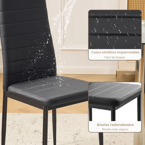 Miniatura 4 de Karl home Juego de 4 sillas de comedor, sillas de cocina de cuero sintético PU negro con respaldo alto acolchado y protección de tapas para pies