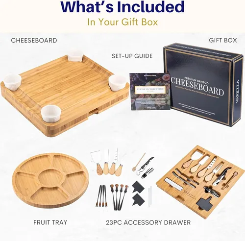 Miniatura 9 de Juego de tablas de charcutería – Tabla grande de queso de bambú y plato con accesorios de charcutería, regalos de inauguración de la casa