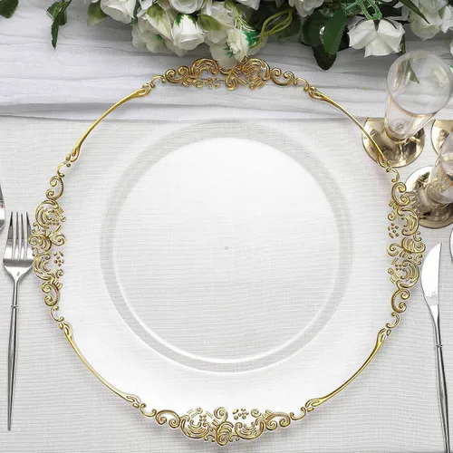 Miniatura 6 de Tableclothsfactory Paquete de 6 platos barrocos redondos de oro transparente de 13 pulgadas, borde en relieve de hojas para decoración de mesa