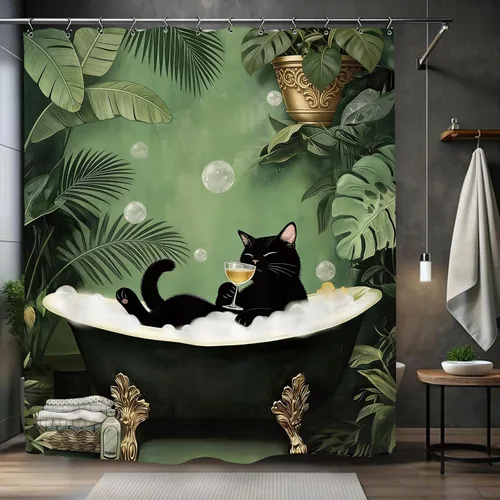 Divertida cortina de ducha vintage con diseño de gato de 60 pulgadas de ancho x 72 pulgadas de largo, juego de accesorios de decoración con 12