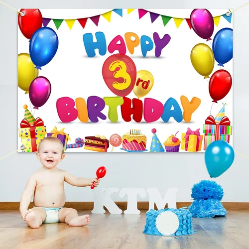 Miniatura 6 de HAMIGAR Fondo de pancarta de feliz cumpleaños de 6 x 4 pies, decoraciones de cumpleaños de 3 años, suministros de fiesta para niñas y niños, colorido