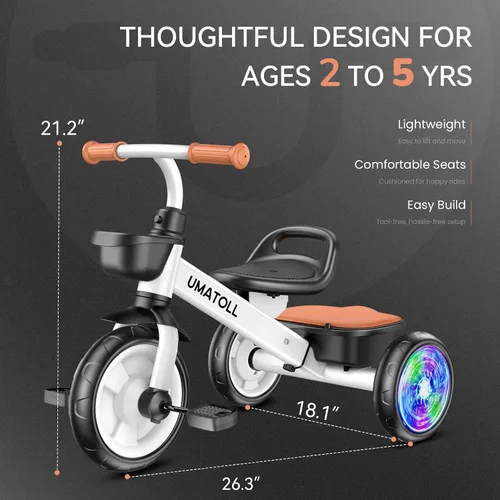 Miniatura 8 de Umatoll Triciclo para niños pequeños de 2 a 5 años, bicicleta ajustable para niños pequeños juguetes al aire libre, regalo de cumpleaños para niño