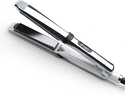 Plancha plana profesional de titanio, placas flotantes de 1 1/4 pulgadas, alisador y rizador de cabello 2 en 1, 10 temperaturas hasta 480 °F, iones