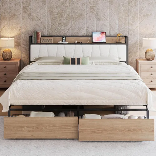 Miniatura 17 de LIKIMIO Base de cama tamaño King, cabecera de almacenamiento con estación de carga, cama de plataforma con cajones, no necesita somier, fácil Marrón