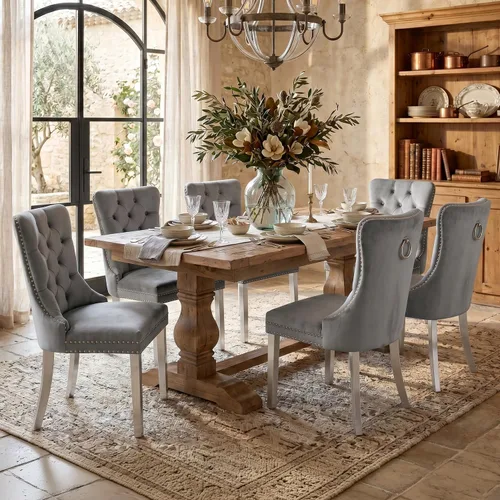Miniatura 105 de SoarFlash Juego de 2 sillas de comedor de tela de lino, sillas de comedor tapizadas con ribete de cabeza de clavo y patas de madera de color claro