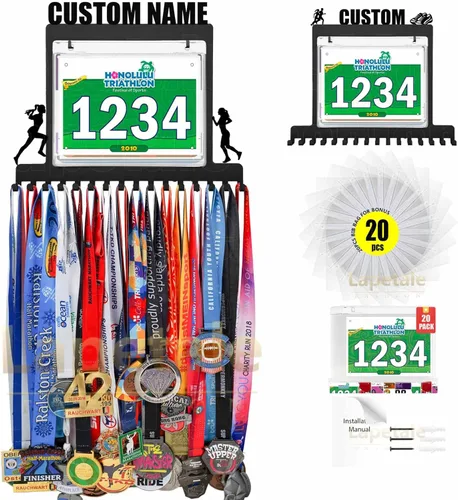 Miniatura 17 de Colgador de medallas para carreras, exhibición de medallas de maratón y colgador de medallas para corredores, exhibición de medallas con dorsal