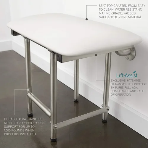 Miniatura 6 de Seachrome Asiento de ducha plegable de 24 x 15 pulgadas con cojín acolchado blanco para montaje en pared con patas, cumple con ADA