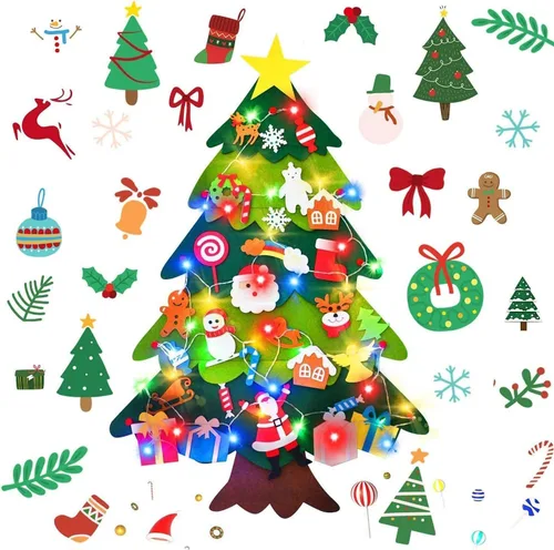 Miniatura 7 de Árbol de Navidad de fieltro Montessori para niños pequeños, árbol de Navidad de 3.2 pies de bricolaje para pared con 32 adornos y luces LED, árbol
