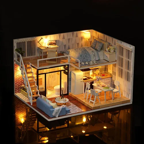 Miniatura 2 de TuKIIE Kit de casa de muñecas en miniatura con muebles, a escala 1:24, casa de muñecas de madera con accesorios, a prueba de polvo, con música