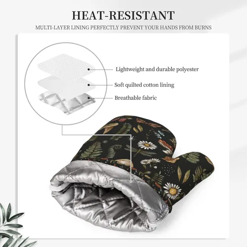 Miniatura 4 de Manoplas de Horno con Diseño de Hongos, Juego de Agarraderas de Silicona Vintage con Hoja Mágica, Guantes de Cocina Agarraderas Resistentes al Calor