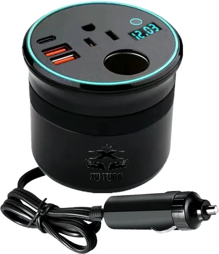 XU Yuan - Inversor de corriente de 150 W/PP300 W para vehículos (negro) Diseño de portavasos DC12V a 110V CA | Mini inversor de automóvil con doble