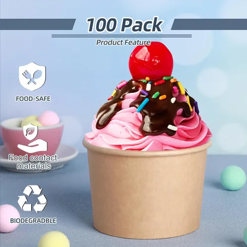 Miniatura 4 de Honeydak 100 tazas de sopa de helado de papel de 8 onzas, cuencos desechables de papel kraft, aperitivos fríos y calientes, yogur, postre, tazas