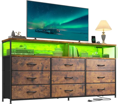 Miniatura 9 de Romorgniz Cómoda de 55 pulgadas de ancho para dormitorio con 9 cajones, soporte de TV LED con tomas de corriente para TV de 45, 55, 65 pulgadas