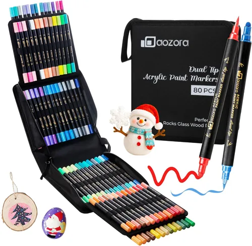 Marcadores de pintura acrílica, 80 colores de doble punta con punta de punto y punta de pincel, juego de marcadores acrílicos para piedra, madera,