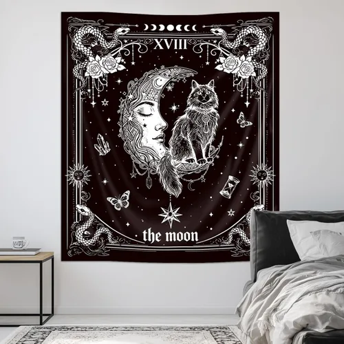 Miniatura 9 de Riyidecor Tapiz vertical de mujer misteriosa de fase lunar, bohemio, pequeño, gótico, para colgar en la pared, plantas florales, hojas estrelladas