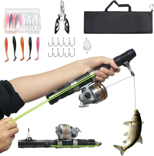 Miniatura 8 de SUFFUSE Caña de catapulta de pesca, cañas de pesca portátiles de fibra de carbono y carretes combo para proyectar señuelos, equipo de pesca compacto