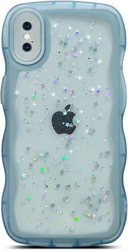 Miniatura 54 de Qokey Funda para iPhone 12 Pro Max de 6.7 pulgadas, diseño de onda rizada, borde transparente, brillante con purpurina, estrella brillante, bonita