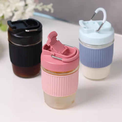 Miniatura 9 de Sivaphe Taza de café reutilizable de vidrio para hielo y caliente 12 oz, taza de viaje portátil con tapa a prueba de derrames y funda térmica