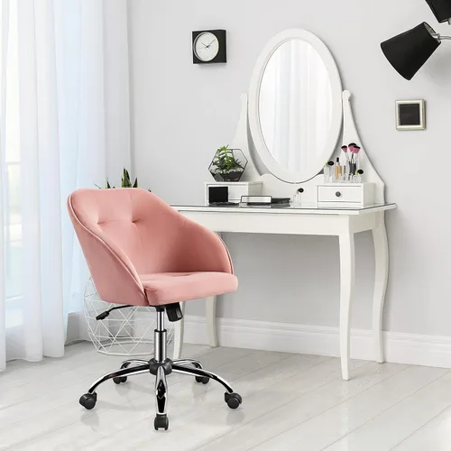 Miniatura 4 de Yaheetech Silla de Oficina Rosa Pequeña y Linda con Ruedas Traseras, Silla de Tocador de Terciopelo Giratoria y con Ruedas, Silla de Escritorio