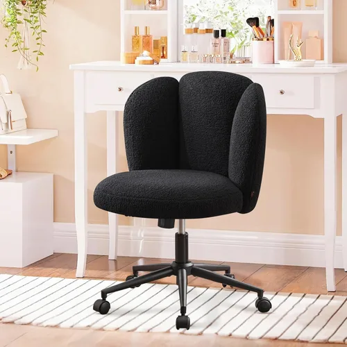 Miniatura 11 de Furniliving Silla de escritorio redonda sin brazos, pequeña silla tapizada de terciopelo con ruedas, silla de tarea ajustable giratoria con ruedas