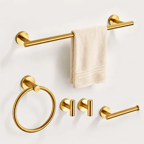 Juego de accesorios de baño de oro cepillado de 5 piezas con toalleros para baño, juego de barras para toallas de baño de acero inoxidable SUS304,