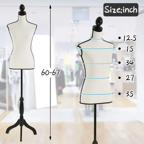 Miniatura 6 de Dkeli maniquí de torso femenino con soporte trípode de madera, altura ajustable de 60"-67", apto para clavar alfileres, para exhibición de joyería