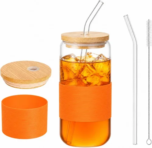 Miniatura 10 de Taza de bambú de vidrio de 16 onzas con tapa y pajita, juego de tazas de café de vidrio de 16 onzas, batido, cerveza, jugo, matcha, vasos estéticos